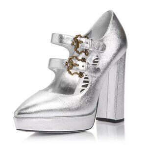 Moschino Metallic Crackle Leather Ornate Buckle Block Heel Platform Pump Lux NIB